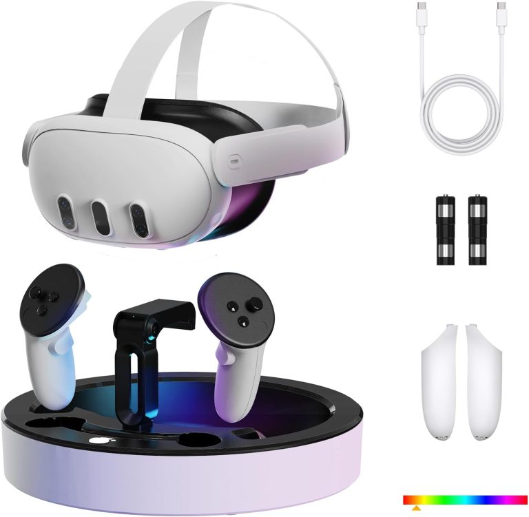 Charging Dock for Meta Quest 3, VR Fast Charging Station with RGB Light for Oculus Quest 3 Accessories, Fits Headset and Controllers, with Rechargeable Batteries and USB-C Cable