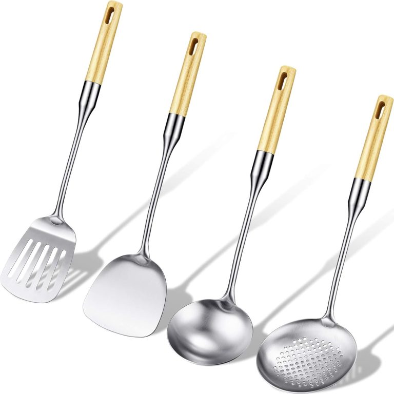 Stainless Steel Kitchen Cooking Utensils Specialty Chinese Wok Utensil Set with Skimmer Slotted Spoon, Spatula Turner, Wok Spatula and Soup Ladle for Nonstick Cookware Cooking Baking Supplies