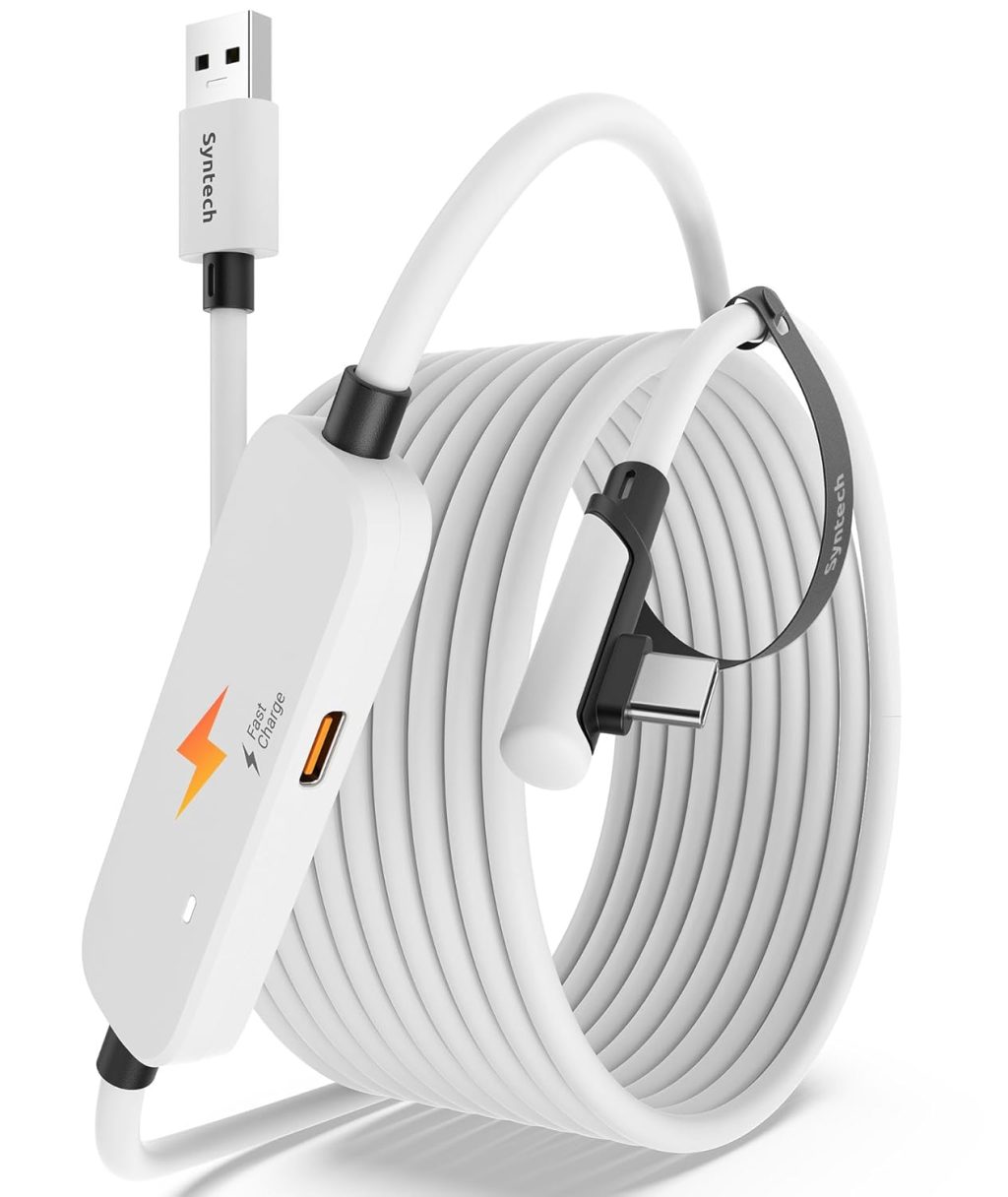 Syntech Link Cable with Charging 16FT Compatible with Meta Quest 3S/Quest 3/Oculus Quest 2 Accessories, USB 3.0 Link Cable with Extra Charging Port, for PC/SteamVR and Extended Gameplay Syntech Link Cable with Charging 16FT Compatible with Meta Quest 3S/Quest 3/Oculus Quest 2 Accessories, USB 3.0 Link Cable with Extra Charging Port, for PC/SteamVR and Extended Gameplay