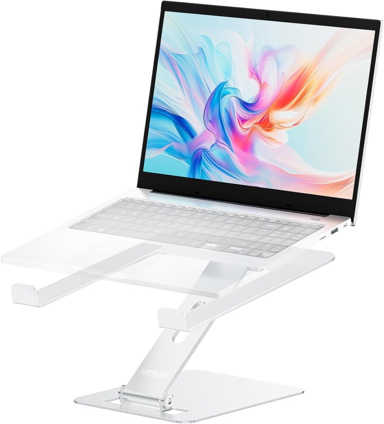 Urmust Adjustable Laptop Stand for Desk, Portable Laptop Riser, Aluminum Computer Stand for Laptop Foldable, Ergonomic Laptop Holder for MacBook Air Pro, Dell XPS, HP (10-15.6”) – Silver