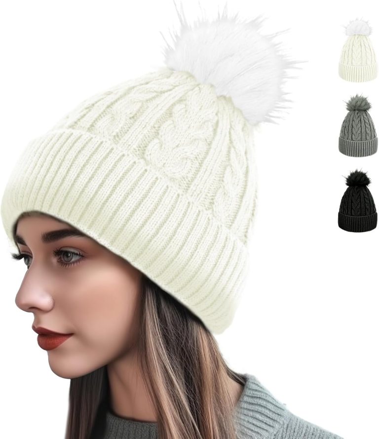 AURUZA Beanie for Women Men, Soft Beanie hat with Faux Fur Pom for Women, Thick Knitted Ski Cap Warm Hat