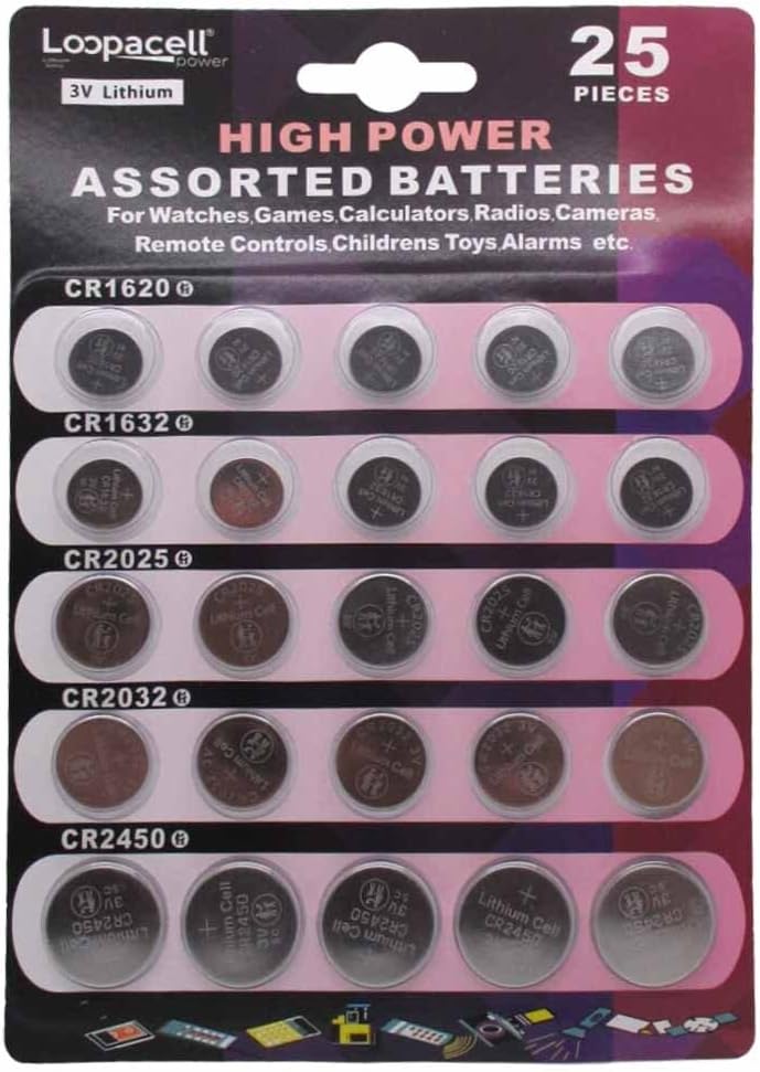 High Power Button Cell 3V Lithium Assorted Battery CR2032 CR2025 CR2450 CR1620 CR1632, 25 Piece Set