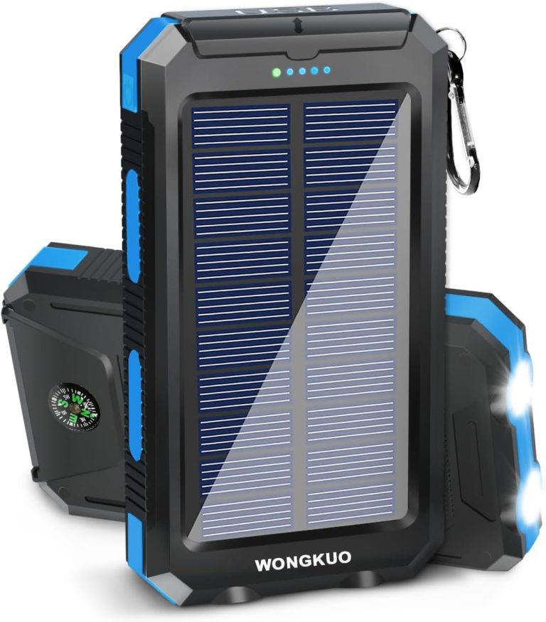 WONGKUO Solar Charger Power Bank – 𝟮𝟬𝟮𝟰 𝙐𝙥𝙜𝙧𝙖𝙙𝙚 36800mAh Solar Phone Charger, QC3.0 Fast Charger with LED Flashlight, IP65 Waterproof Portable Power Bank for Outdoor Activities