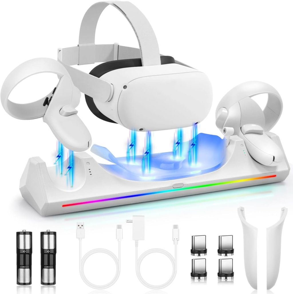Hurra Charging Dock for Meta Quest 2, VR Charging Station for Oculus Quest 2 Support LED Indicator/Magnetic Charging Headset & Touch Controllers, with 2 Rechargeable Batteries, USB-C Charger & Cable Hurra Charging Dock for Meta Quest 2, VR Charging Station for Oculus Quest 2 Support LED Indicator/Magnetic Charging Headset & Touch Controllers, with 2 Rechargeable Batteries, USB-C Charger & Cable