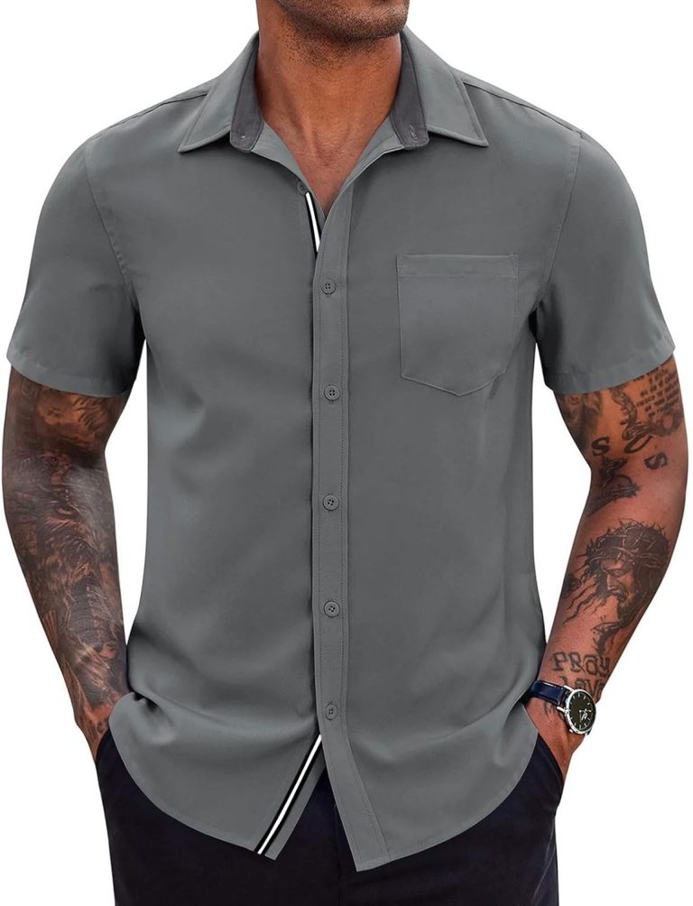 Men’s Button Down Collared T Shirt Fashion Short Sleeve Wrinkle-Free Tees Lightweight Casual Work Business Tops