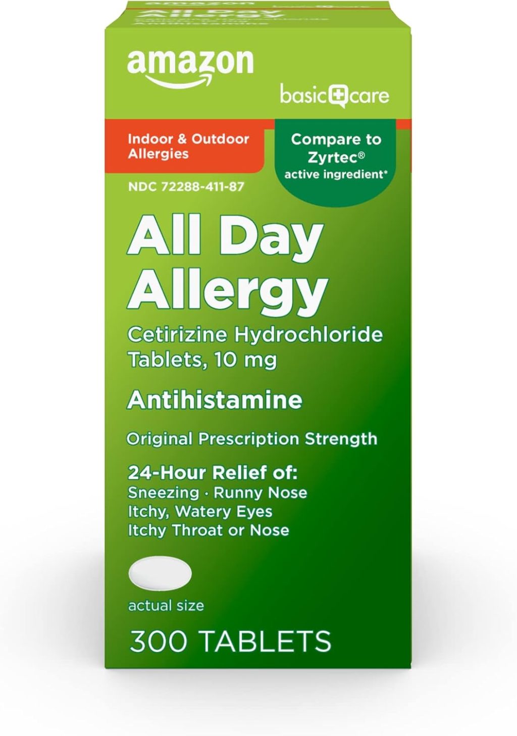 Amazon Basic Care 24 Hour Allergy Relief, Cetirizine Hydrochloride Tablets, 10 mg, 300 Count (Packaging may vary) Amazon Basic Care 24 Hour Allergy Relief, Cetirizine Hydrochloride Tablets, 10 mg, 300 Count (Packaging may vary)