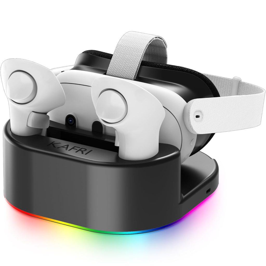 KAFRI Charging Dock for Meta Oculus Quest 3/Quest 3S/Quest 2, VR Headset Charging Stand and Controller Holder with RGB Lights, Charger Station Accessories, Black KAFRI Charging Dock for Meta Oculus Quest 3/Quest 3S/Quest 2, VR Headset Charging Stand and Controller Holder with RGB Lights, Charger Station Accessories, Black