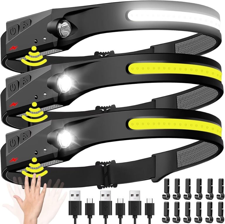 Headlamp Rechargeable 3PCS, 230° Wide Beam Head Lamp LED with Motion Sensor for Adults – Camping Accessories Gear, Waterproof Head Light Flashlight for Hiking, Running, Repairing, Fishing, Cycling