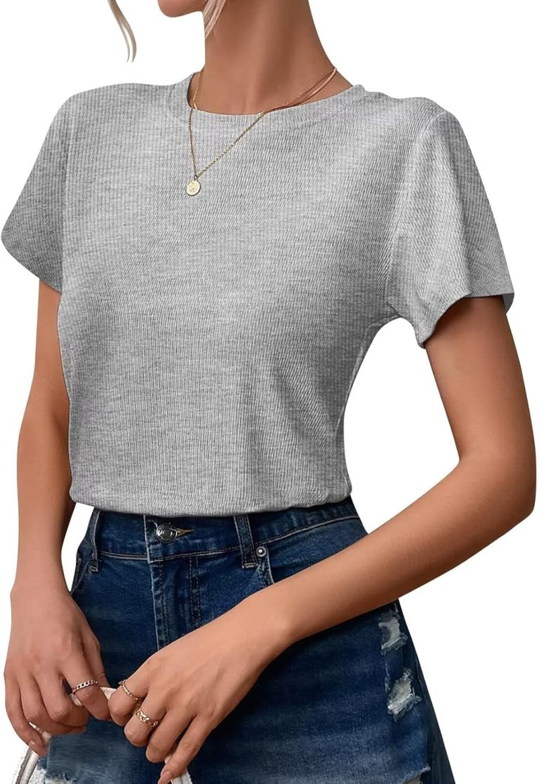 Womens Short Sleeve T Shirts Crewneck Slim Tshirt Ribbed Basic Tees Summer Tops