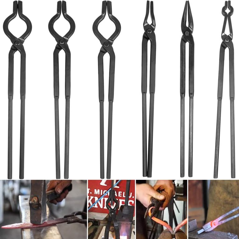 Beginner Blacksmith Tongs Knife Making Tong Set Bladesmith Forge Tong Tools Set Anvil Vise Includes 1/4 Flat Jaw, Pick Up, Scroll, 3/8 1/2 5/8 V-Bit Tongs (6 Piece)
