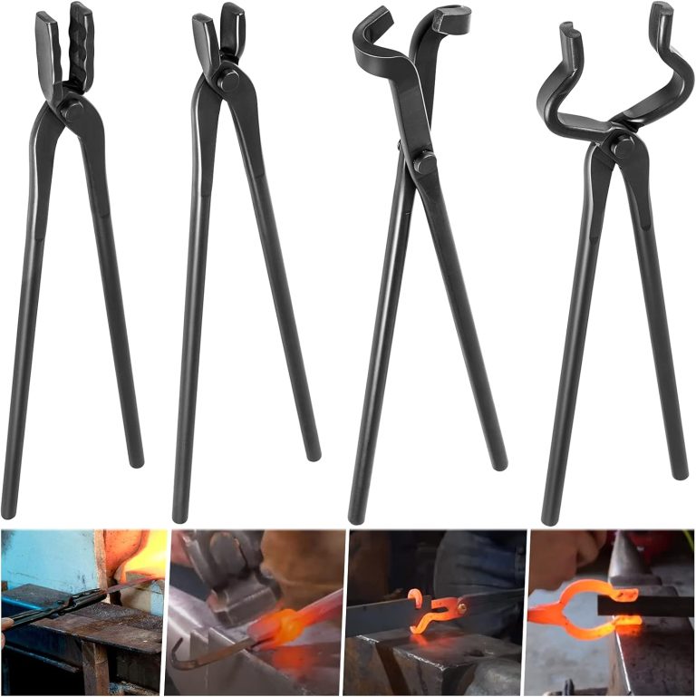 Knife Making Tongs Set – Beginner Bladesmith Blacksmith Forge Tong Tools Set Vise Tools Anvil Hammer, Includes V-Bit Blade Tongs, Blade Tongs, Flat Tongs, Wolf Jaw Tongs (4 Tongs)