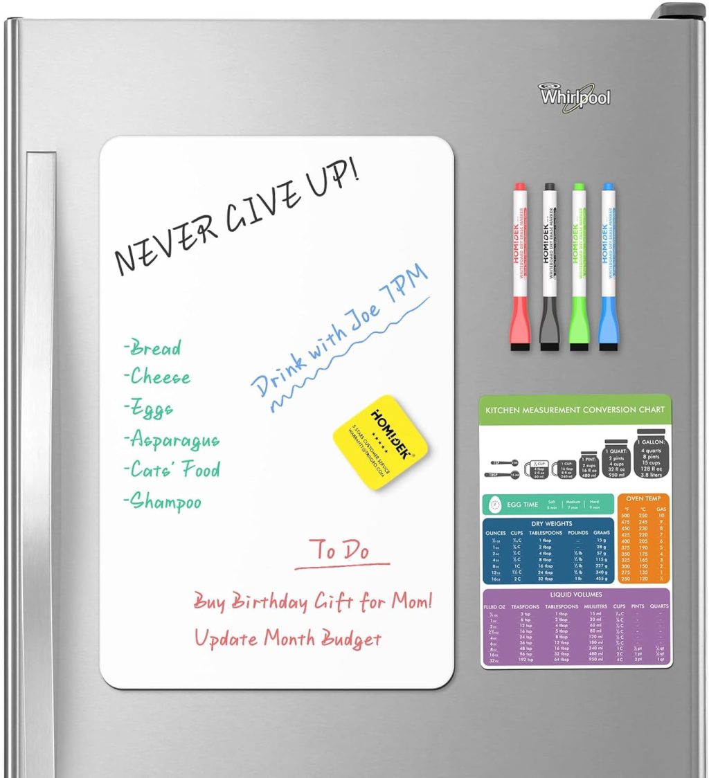 Magnetic Dry Erase Board: Small Fridge Whiteboard, Flexible Refrigerator Magnet White Board, Blank Writing Note Sheet with Kitchen Conversion Chart Magnet, 4 Markers & Eraser – 17 x 11 Magnetic Dry Erase Board: Small Fridge Whiteboard, Flexible Refrigerator Magnet White Board, Blank Writing Note Sheet with Kitchen Conversion Chart Magnet, 4 Markers & Eraser – 17 x 11