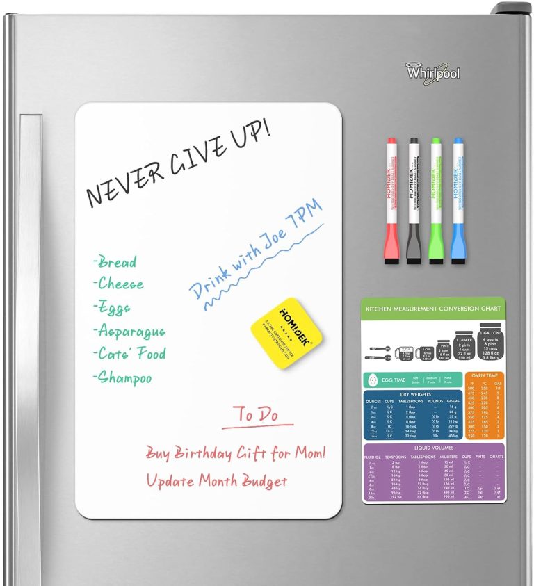 Magnetic Dry Erase Board: Small Fridge Whiteboard, Flexible Refrigerator Magnet White Board, Blank Writing Note Sheet with Kitchen Conversion Chart Magnet, 4 Markers & Eraser – 17 x 11