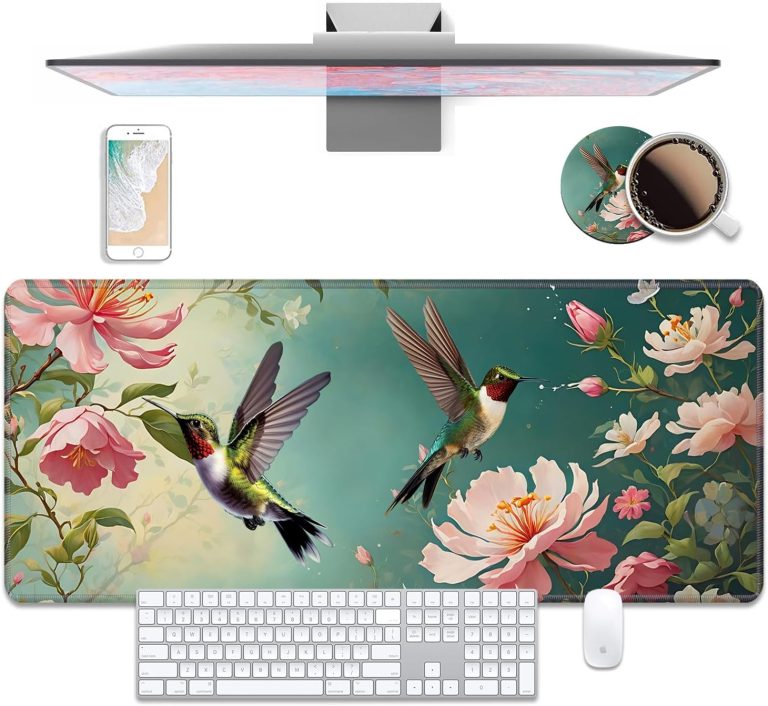 Desk Pad Mat Gaming Mouse Pads with Coasters Set, Hummingbird Flowers Large Extended Desk Mousepad with Stitched Edge & Non-Slip Rubber Base for Work, Game, Office, Home (35.4″x 15.7″)