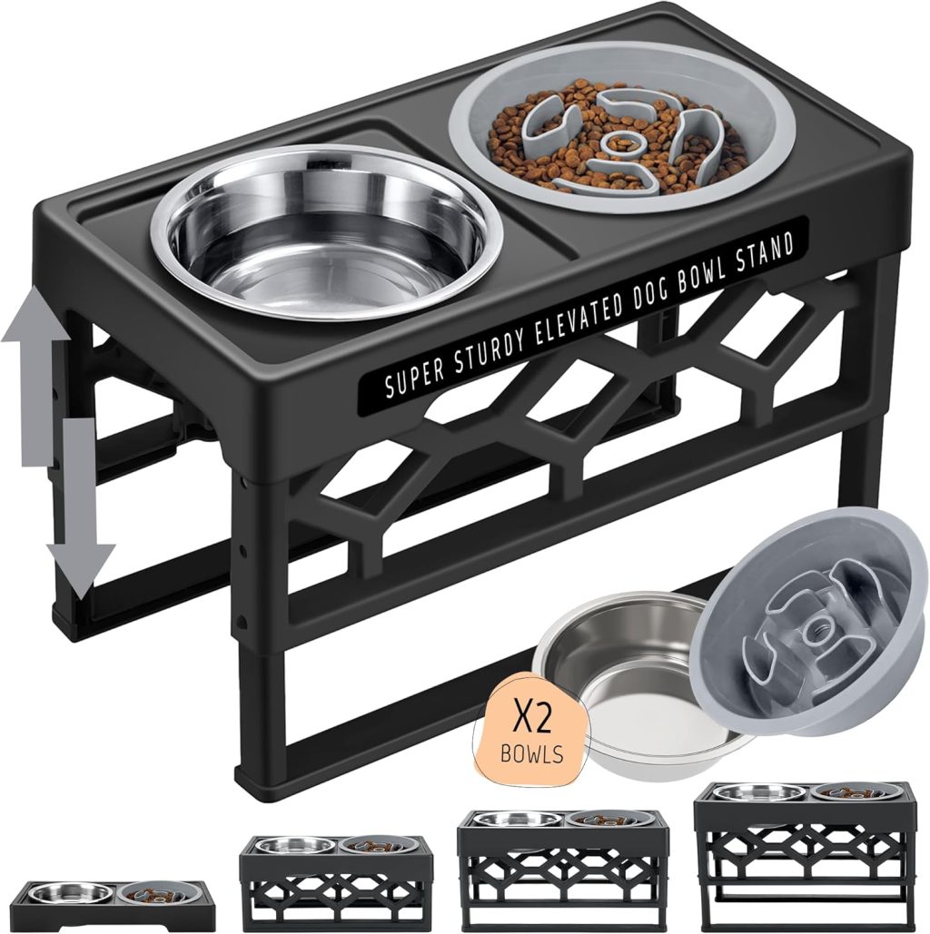 Elevated Slow Feeder Dog Bowl with Stainless Steel Dog Bowl, 4 Heights Adjustable Dog Food Bowls Stand for Small Breeds, Raised Slow Feeder Dog Bowls with Anti-Slip Stand for Health Eating Elevated Slow Feeder Dog Bowl with Stainless Steel Dog Bowl, 4 Heights Adjustable Dog Food Bowls Stand for Small Breeds, Raised Slow Feeder Dog Bowls with Anti-Slip Stand for Health Eating
