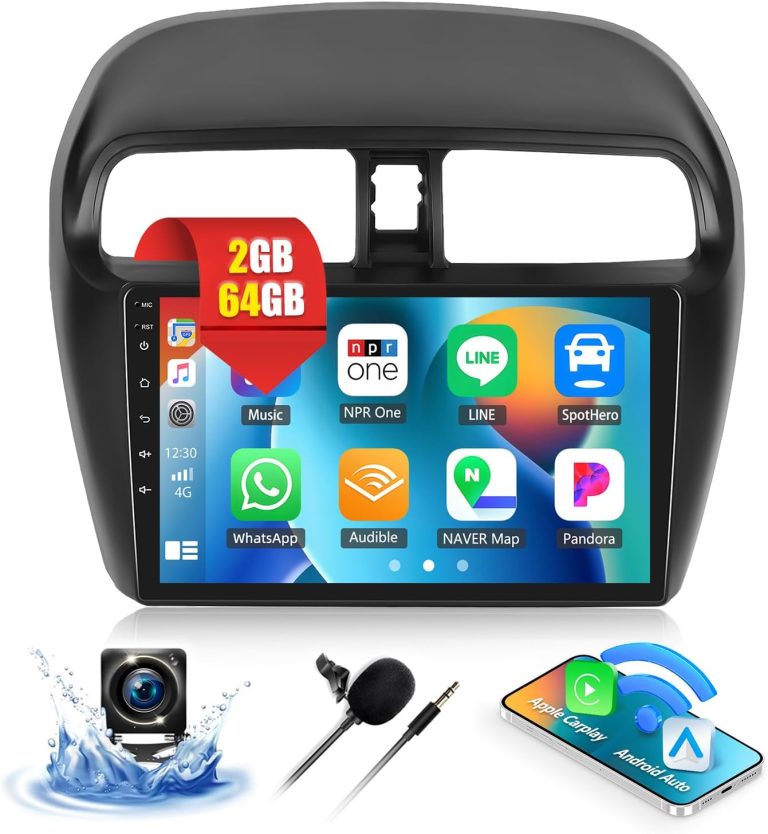 CAMECHO 2G 64G Car Stereo Radio for Mitsubishi Mirage 2012-2016 with CarPlay Android Auto 9″ Touch Screen Head Unit Android 13 Car Radio with GPS Navigation Bluetooth WiFi Mirror Link Backup Camera