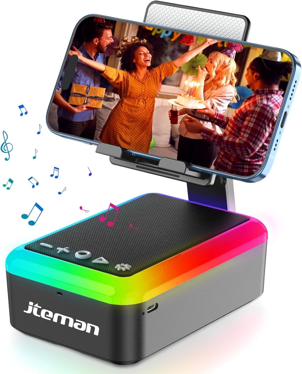 JTEMAN Gifts for Men Women, Cell Phone Stand with Bluetooth Speaker and Light, Portable Lanyard, Cool Tech Gifts for Dad Mom Husband, Unique Birthday Gift Ideas Black