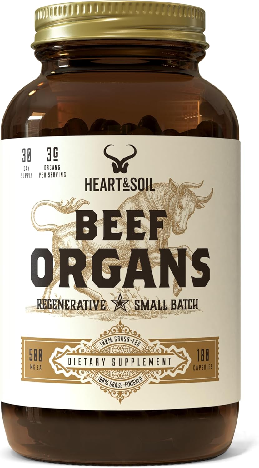 HEART & SOIL Beef Organs Complex — Grass Fed Liver, Heart, Kidney, Pancreas, and Spleen for Complete Nose to Tail Nutrition (180 Capsules) HEART & SOIL Beef Organs Complex — Grass Fed Liver, Heart, Kidney, Pancreas, and Spleen for Complete Nose to Tail Nutrition (180 Capsules)