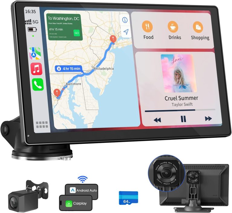 9” Wireless Apple Carplay Screen for Car & Android Auto with 4K Dash Cam, Portable Car Stereo, 1080P Backup Camera, GPS Navigation, Car Audio Receivers Bluetooth, Mirror Link, Voice Control