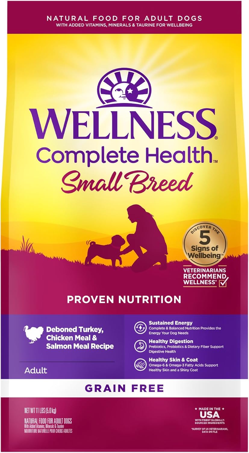 Wellness Complete Health Grain-Free Small Breed Dry Dog Food, Natural Ingredients, Made in USA with Real Turkey, For All Lifestages (Turkey, Chicken & Salmon, 11-Pound Bag) Wellness Complete Health Grain-Free Small Breed Dry Dog Food, Natural Ingredients, Made in USA with Real Turkey, For All Lifestages (Turkey, Chicken & Salmon, 11-Pound Bag)