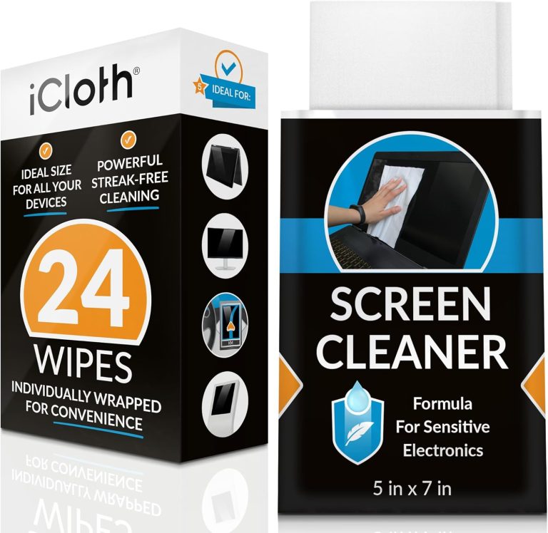 Screen Cleaner Wipes by iCloth – Individually Wrapped – Travel Size – Streak-Free – Clean Your Phone, iPad, Laptop, Computer Screen and More – 24 Wipes (5″ x 7″)