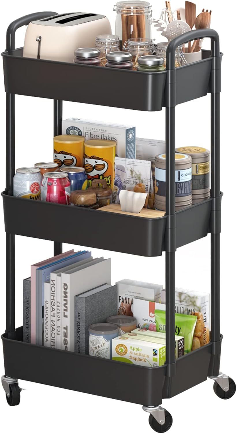 Sywhitta 3-Tier Plastic Rolling Utility Cart with Handle, Multi-Functional Storage Trolley for Office, Living Room, Kitchen, Movable Storage Organizer with Wheels, Black Sywhitta 3-Tier Plastic Rolling Utility Cart with Handle, Multi-Functional Storage Trolley for Office, Living Room, Kitchen, Movable Storage Organizer with Wheels, Black