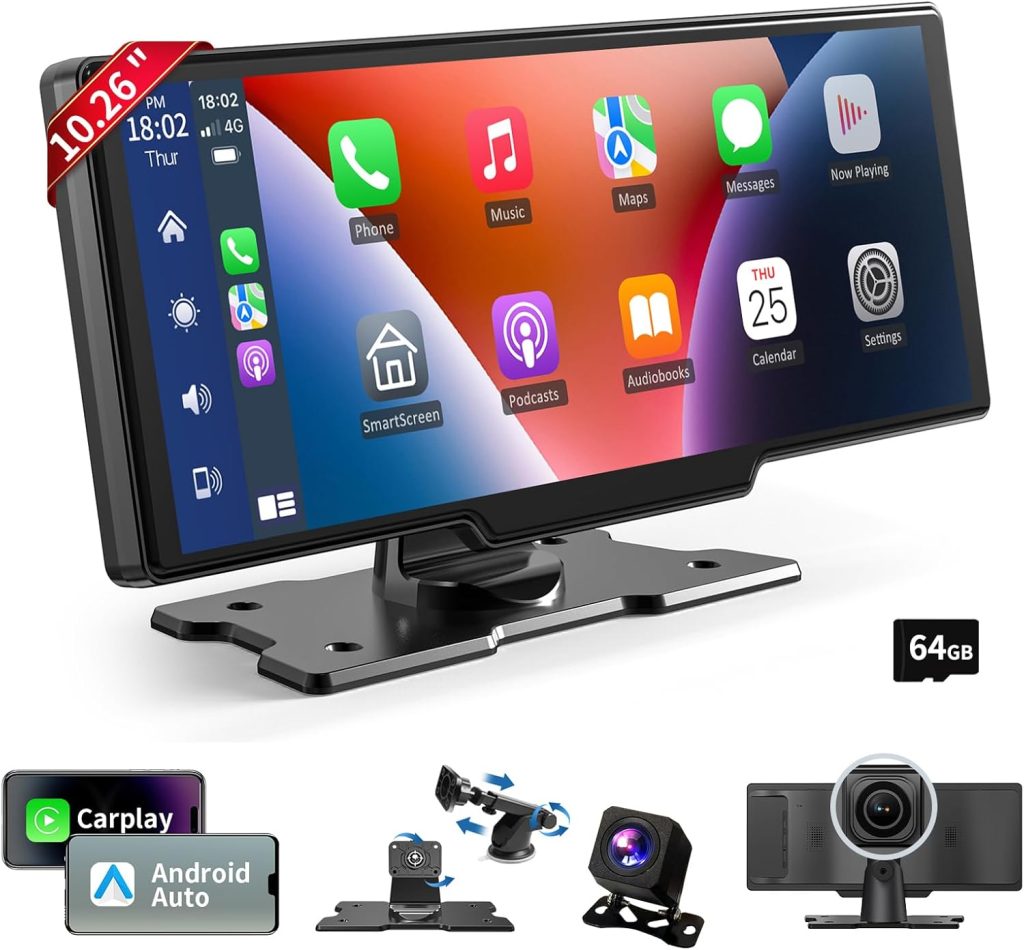 Wireless Portable Carplay Screen for Car, 10.26″ HD IPS Carplay and Android Auto Screen, Car Touch Screen with 4K Dash Cam, Car Audio Receivers with Backup Camera, GPS Navigation, Voice Control Wireless Portable Carplay Screen for Car, 10.26″ HD IPS Carplay and Android Auto Screen, Car Touch Screen with 4K Dash Cam, Car Audio Receivers with Backup Camera, GPS Navigation, Voice Control