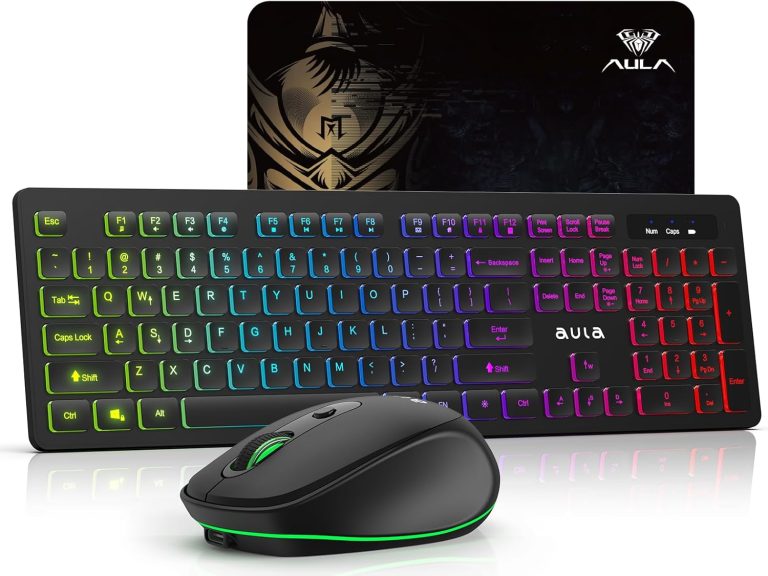 AULA Wireless Keyboard and Mouse Combo, RGB Backlit, Rechargeable & 2.4GHz Quiet Wireless Gaming Keyboard Mouse, Full-Size Ergonomic Keyboard Mouse & Mousepad Combo for PC, Windows and Mac