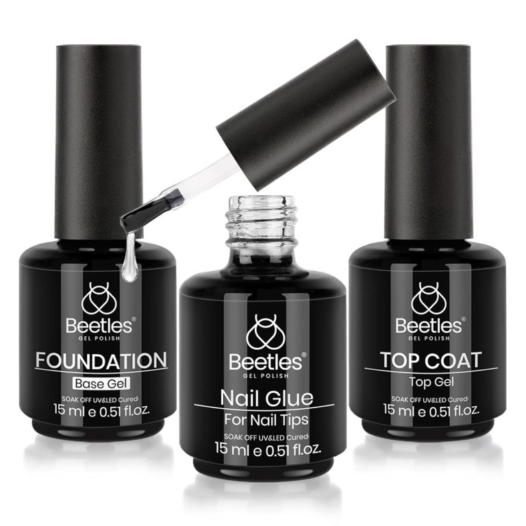 Beetles Top Coat Base Gel & Nail Glue Set-3Pcs No Wipe Top Coat & Base Coat with 5 In 1 Nail Glue Shine Effect Long Lasting Soak Off Uv Light Lamp Diy Valentine’s Day Gift for Women