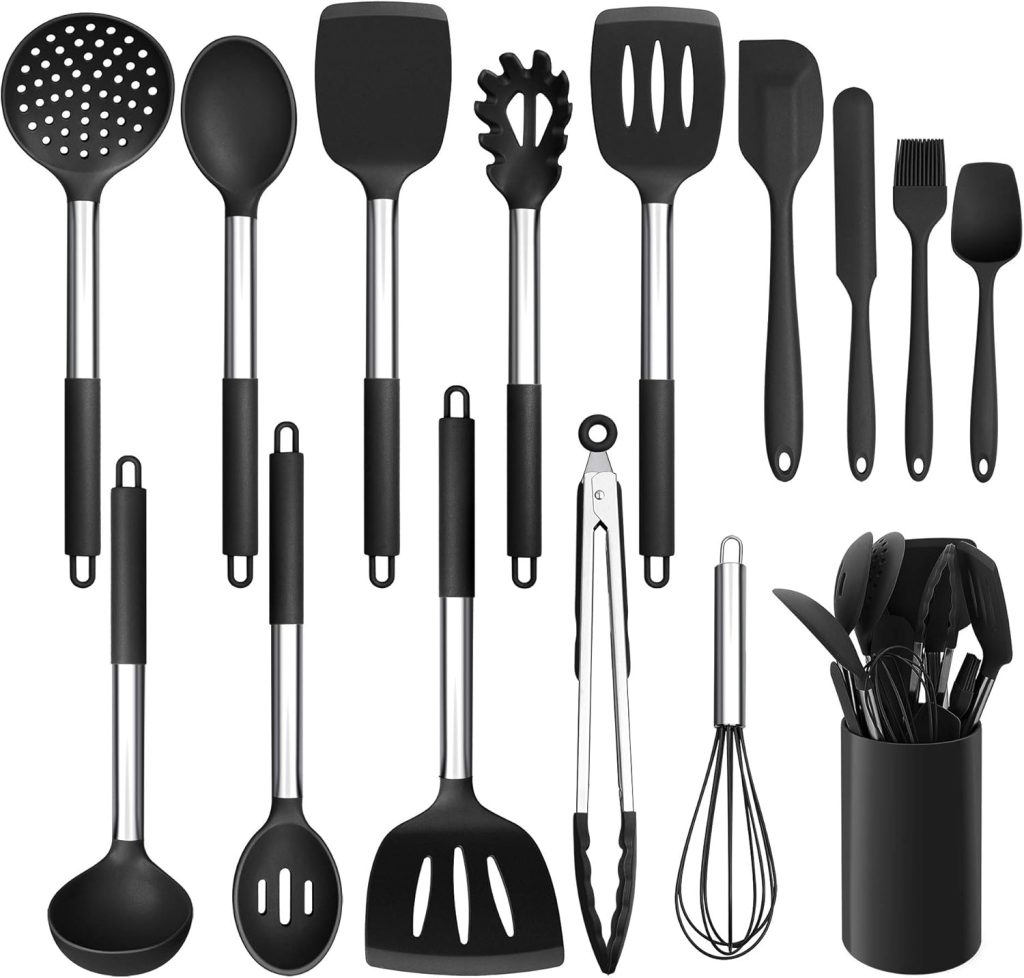 LIANYU 15-Piece Kitchen Cooking Utensils Set with Holder, Silicone Kitchen Tools Stainless Steel Handle, Slotted Spatula Spoon Turner Tong Whisk Brush for Cooking, Black LIANYU 15-Piece Kitchen Cooking Utensils Set with Holder, Silicone Kitchen Tools Stainless Steel Handle, Slotted Spatula Spoon Turner Tong Whisk Brush for Cooking, Black