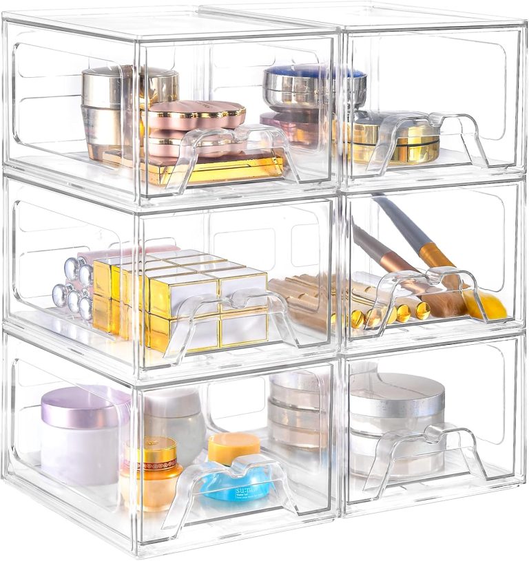 6 Pack Stackable Makeup Organizer, 4.4” Tall Acrylic Bathroom Makeup Organizer and Storage Drawer with Pull-out Handle, Clear Plastic Storage Bins for Vanity,Pantry,Desk,Undersink,Kitchen