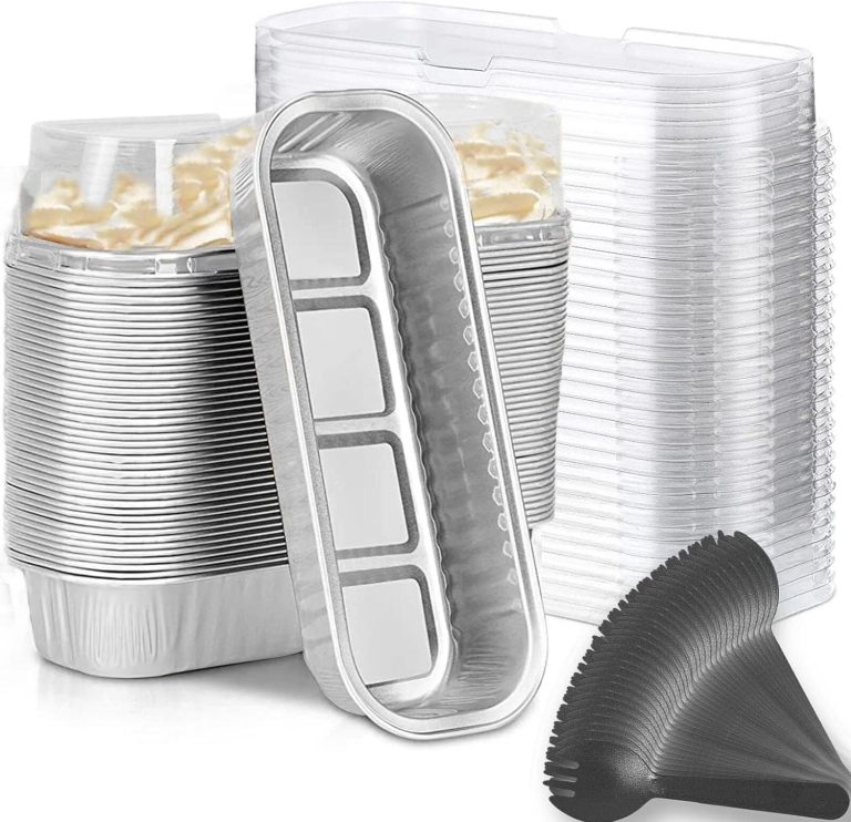 Mini Loaf Baking Pans with Lids And Spoons (50 Pack, 6.8oz) Rectangle Aluminum Foil Baking Pans Tins Containers – Cupcake Containers Wrappers Cheesecake Creme Brulee Ramekins