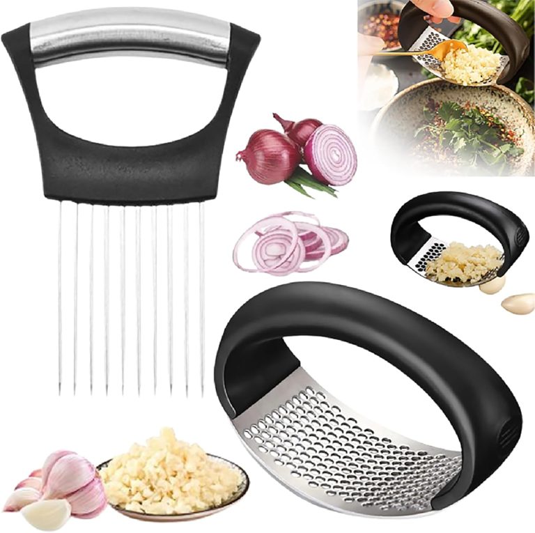 Garlic Mincer Tool, Stainless Steel Garlic Presser, Garlic Crusher with Onion Holder for Slicing, Garlic Chopper Mincer Crusher Grinder Masher with Shred Silk The Knife (Black, with Long Onion Fork)