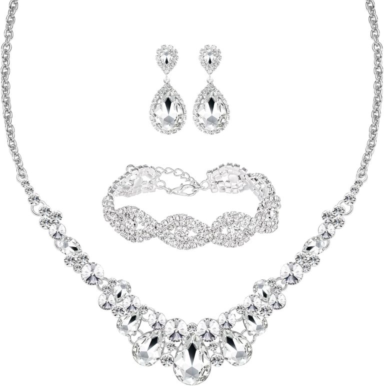 3/4 Pieces Women Jewelry Set Rhinestone Crystal Bride Statement Choker Necklace Tiara Crown Link Bangle Bracelet Teardrop Dangle Earrings Set