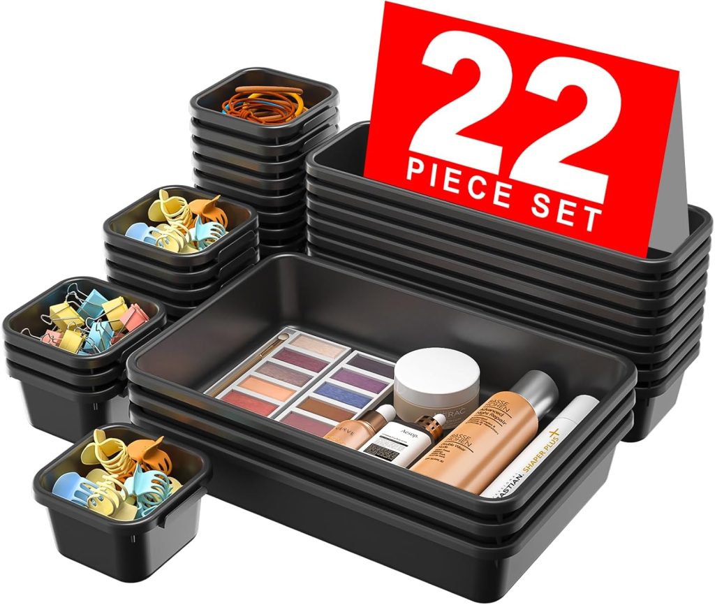 A-LuGei 【𝟮𝟮𝗣𝗖𝗦】 Plastic Black Desk Drawer Organizer, Bathroom Organizers and Storage, Makeup Organizer, Organization and Storage Bin Container for Vanity Office Utensils Tool Pantry Cosmetic A-LuGei 【𝟮𝟮𝗣𝗖𝗦】 Plastic Black Desk Drawer Organizer, Bathroom Organizers and Storage, Makeup Organizer, Organization and Storage Bin Container for Vanity Office Utensils Tool Pantry Cosmetic