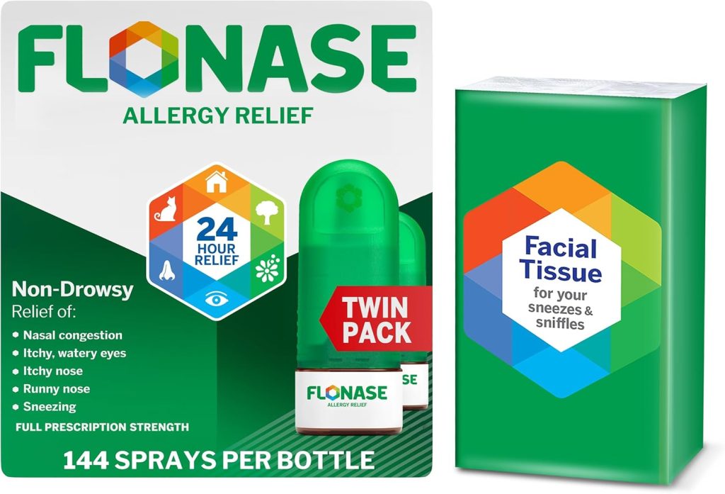 Flonase Allergy Relief Nasal Spray, 24-Hour Non-Drowsy Multi-Symptom Relief – 144 Sprays (Pack of 2) plus Bonus Pack of Tissues Flonase Allergy Relief Nasal Spray, 24-Hour Non-Drowsy Multi-Symptom Relief – 144 Sprays (Pack of 2) plus Bonus Pack of Tissues