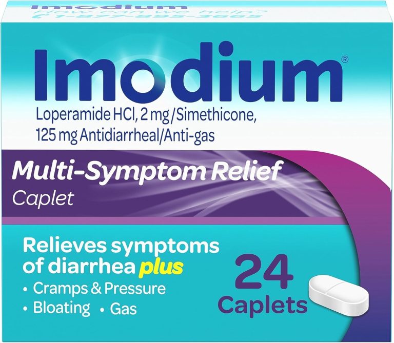 Imodium Multi-Symptom Relief Caplets with Loperamide Hydrochloride and Simethicone, Anti-Diarrheal Medicine for Treatment of Diarrhea, Gas, Bloating, Cramps & Pressure, 24 ct.