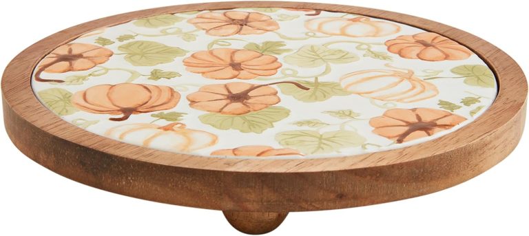 Mud Pie Pumpkin Ceramic Wood Trivet, 1 3/4″ x 7″ dia, ORANGE