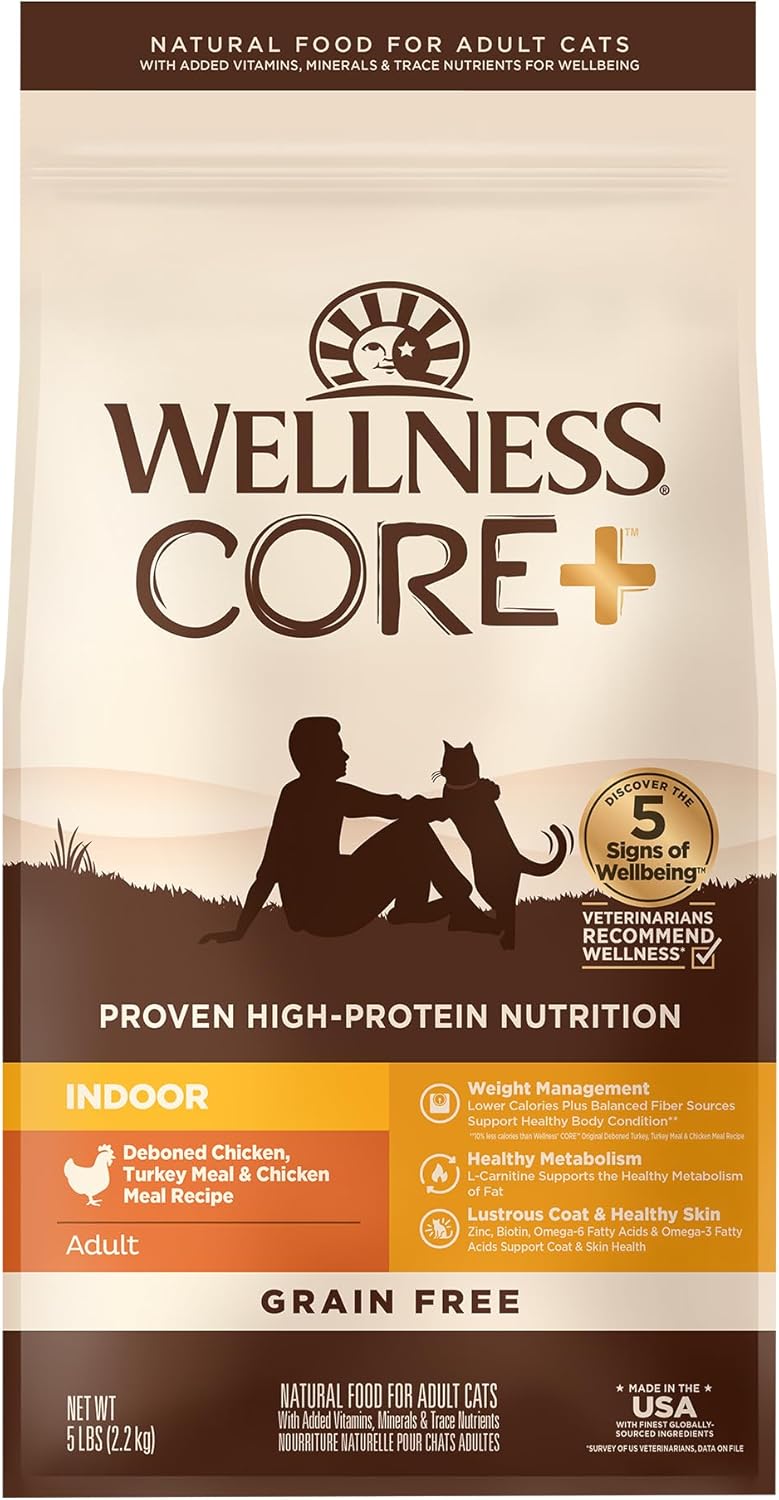 Wellness CORE+ Grain-Free High Protein Adult Dry Cat Food, Chicken, Turkey & Chicken Meal Indoor Formula Dry Cat Food, 5 Pound Bag Wellness CORE+ Grain-Free High Protein Adult Dry Cat Food, Chicken, Turkey & Chicken Meal Indoor Formula Dry Cat Food, 5 Pound Bag