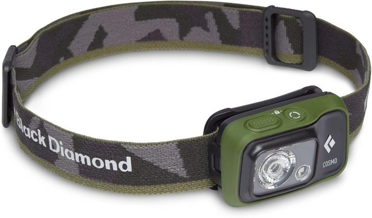 BLACK DIAMOND Cosmo 350 LED Headlamp, Waterproof and Dimmable Battery Powered Headlamp for Camping, Hiking, Running, Work with Red Light Headlamp Mode, Dark Olive