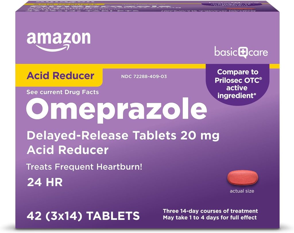 Amazon Basic Care Omeprazole Delayed Release Tablets 20 mg, Treats Frequent Heartburn, Acid Reducer, Heartburn Medicine, 42 Count (Pack of 1) (Packaging may vary) Amazon Basic Care Omeprazole Delayed Release Tablets 20 mg, Treats Frequent Heartburn, Acid Reducer, Heartburn Medicine, 42 Count (Pack of 1) (Packaging may vary)