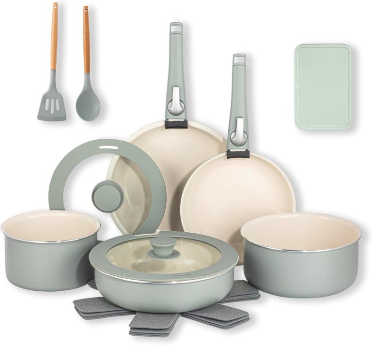 Gotham Steel 18 Pc Removeable Handle Pots and Pans Set Non Stick, Kitchen Cookware Sets, Ceramic Cookware Set, Non Toxic Cookware Set, Non Stick Pots and Pan Set, Dishwasher Safe – Sage