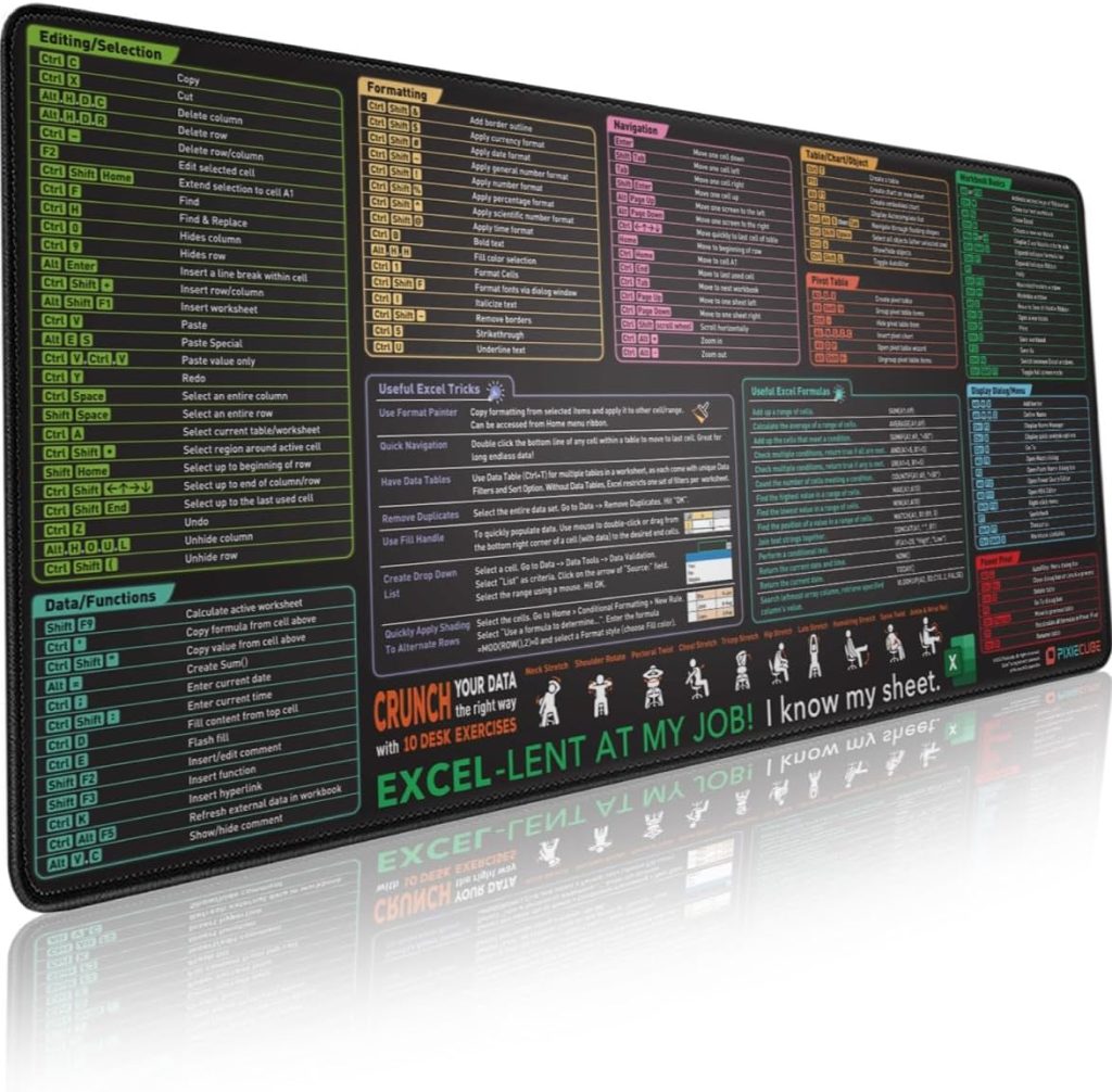 Excel Shortcut Keys Mouse Pad – Extended Large XXL Cheat Sheet Gaming Mousepad | PC Office Spreadsheet Keyboard Mat | Non-Slip Stitched Edge Excel Shortcut Keys Mouse Pad – Extended Large XXL Cheat Sheet Gaming Mousepad | PC Office Spreadsheet Keyboard Mat | Non-Slip Stitched Edge