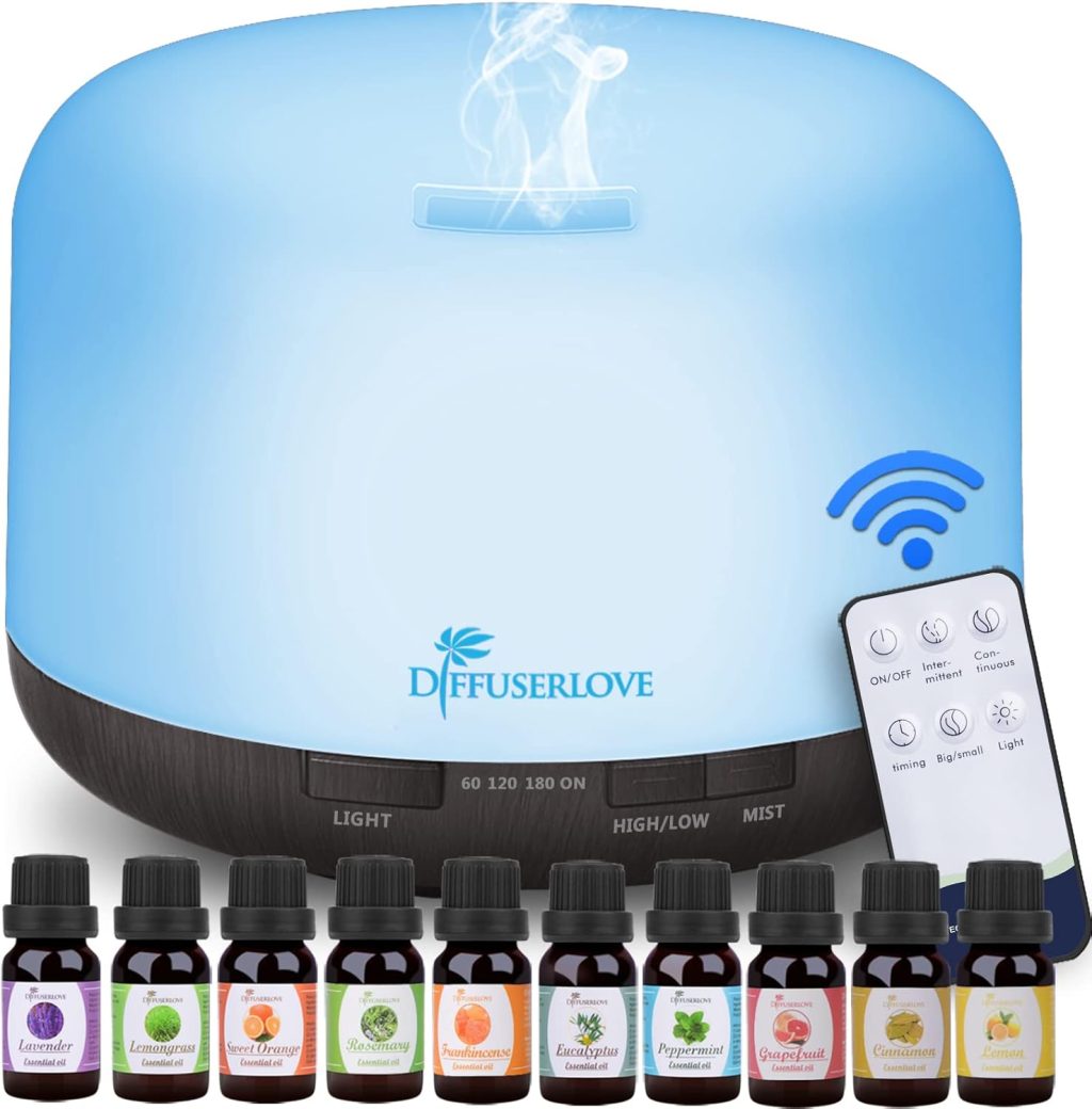 Diffuserlove Essential Oil Diffuser 500ML Aromatherapy Diffuser Mist Humidifiers 7 Color LED Lights Diffusers for Home Office Bedroom (Size:6.7″ L x 6.7″ W x 4.7″ H) Diffuserlove Essential Oil Diffuser 500ML Aromatherapy Diffuser Mist Humidifiers 7 Color LED Lights Diffusers for Home Office Bedroom (Size:6.7″ L x 6.7″ W x 4.7″ H)