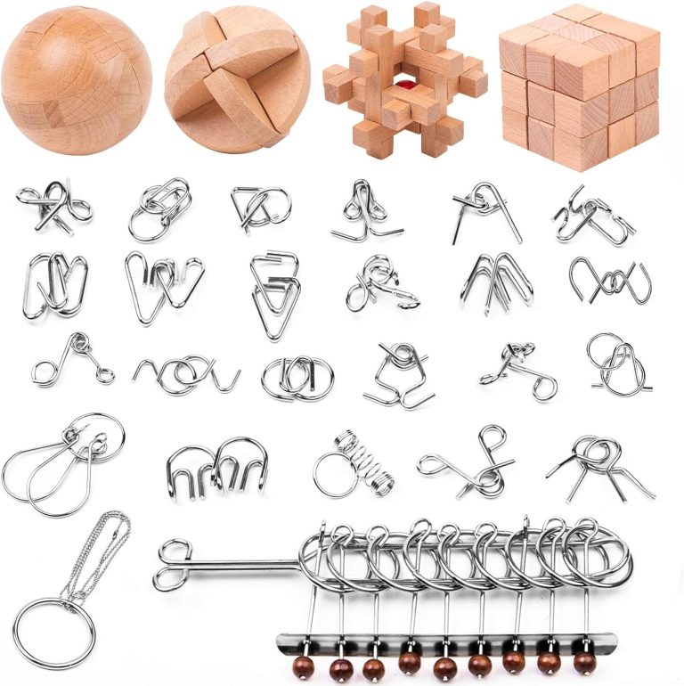 Wooden Brain Teaser Puzzles – Metal Unlock Interlock Game, IQ Logic Test Puzzles Game, 3D Puzzle Toy Brain Teaser for Kids and Adults, Mind Educational Toy Travel Games [29pcs of Pack ]