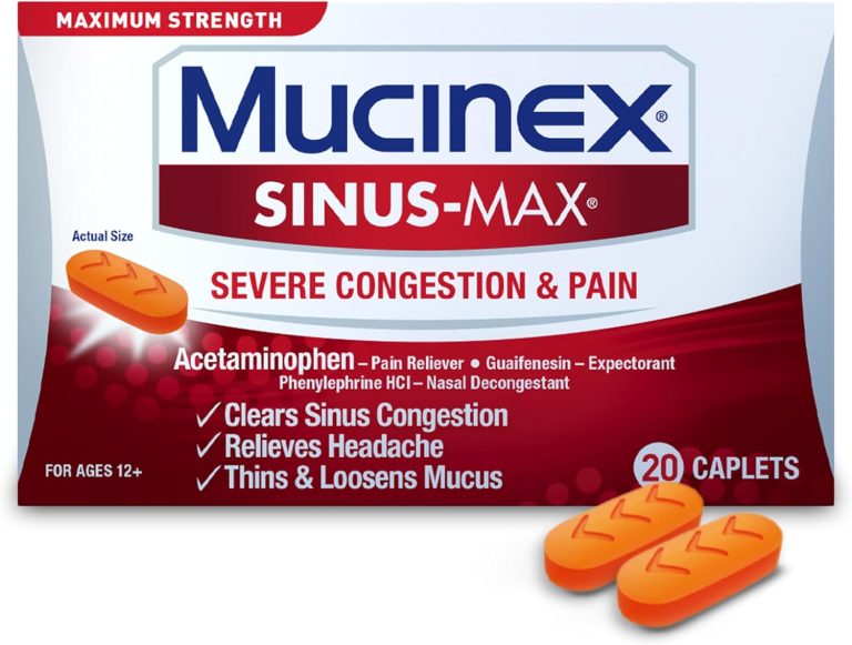Mucinex Sinus Max Severe Congestion & Pain Relief, Maximum Strength Nasal & Sinus Relief, Decongestant for Adults, Acetaminophen Pain Reliever, Guaifenesin Expectorant and Mucus Removal, 20 Caplets
