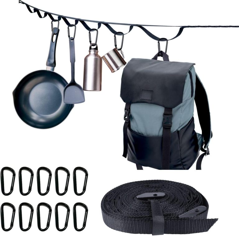 Camping Storage Strap Organizer for Campsite Backyard Garage, Cam Buckle Strap with 15 Loops and 10 Carabiners, RV Camping Tent Hanging Gear (Black, 11 Feet)