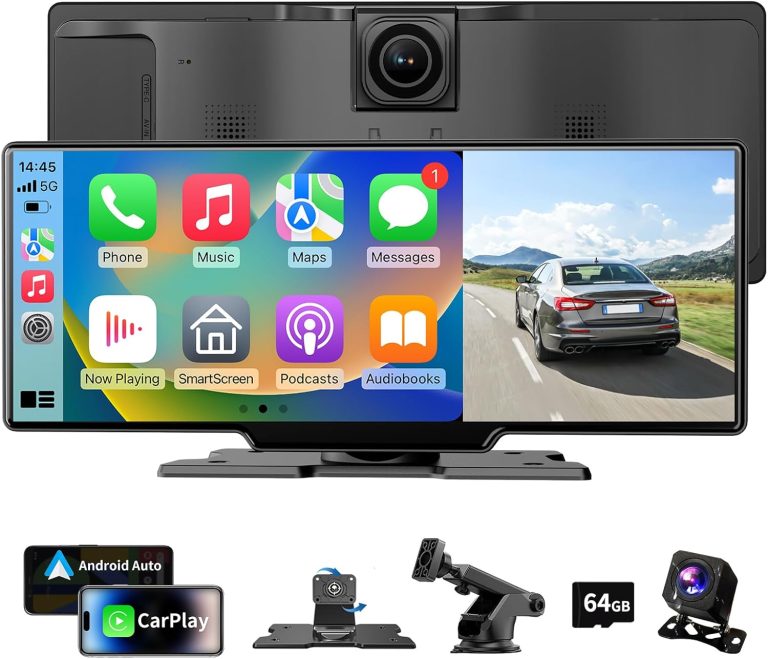 Portable Carplay Screen with 4K Dash Cam, Bluetooth Car Audio Stereo Receiver, 10.26″ HD IPS Carplay & Android Auto Screen, GPS Navigation Head Unit, Siri, AUX/FM, Mirror Link, Backup Camera