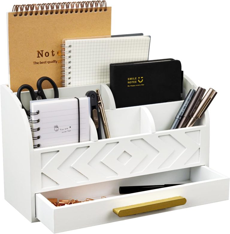 White Desk Organizer with Drawers, Wooden Mail Organizer Countertop with Removable Dividers, Office Desk Organizers and Accessories for Women Dorm (White)