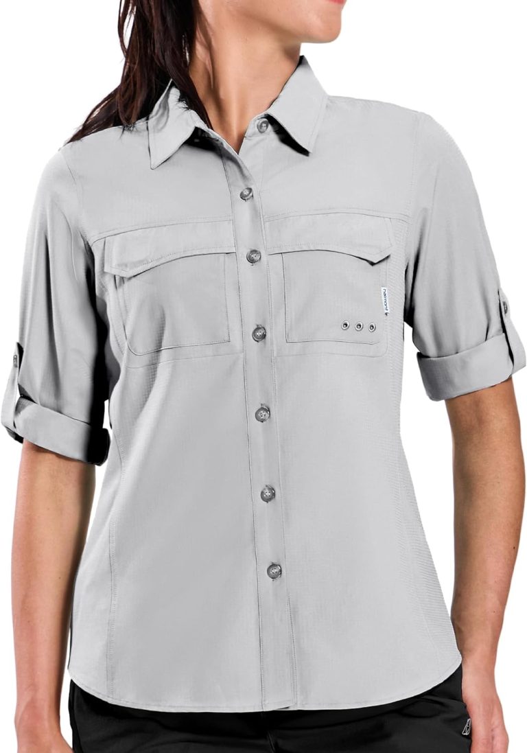 Haimont Women’s Travel Hiking Fishing Button Down Shirt, UPF 50+ UV Long Sleeve Sun Shirts for Outdoor Camping Sailing